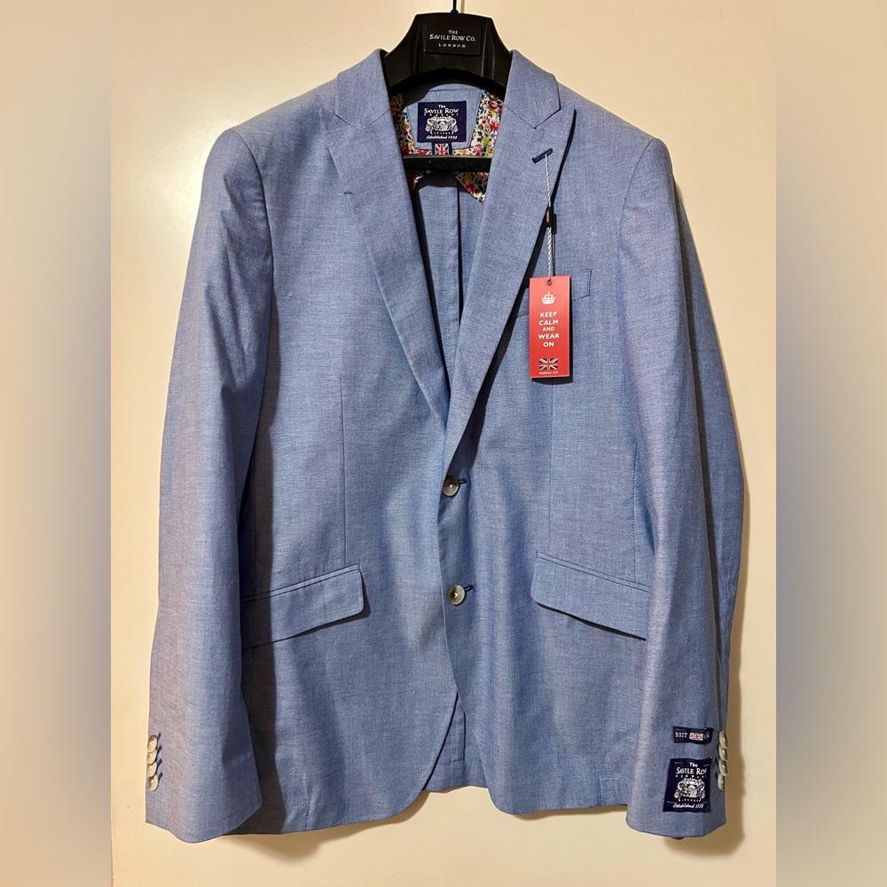 NWT The Savile Row Sloane Chambray Cotton Brit Slim Suit Jacket Blazer 40R Blue